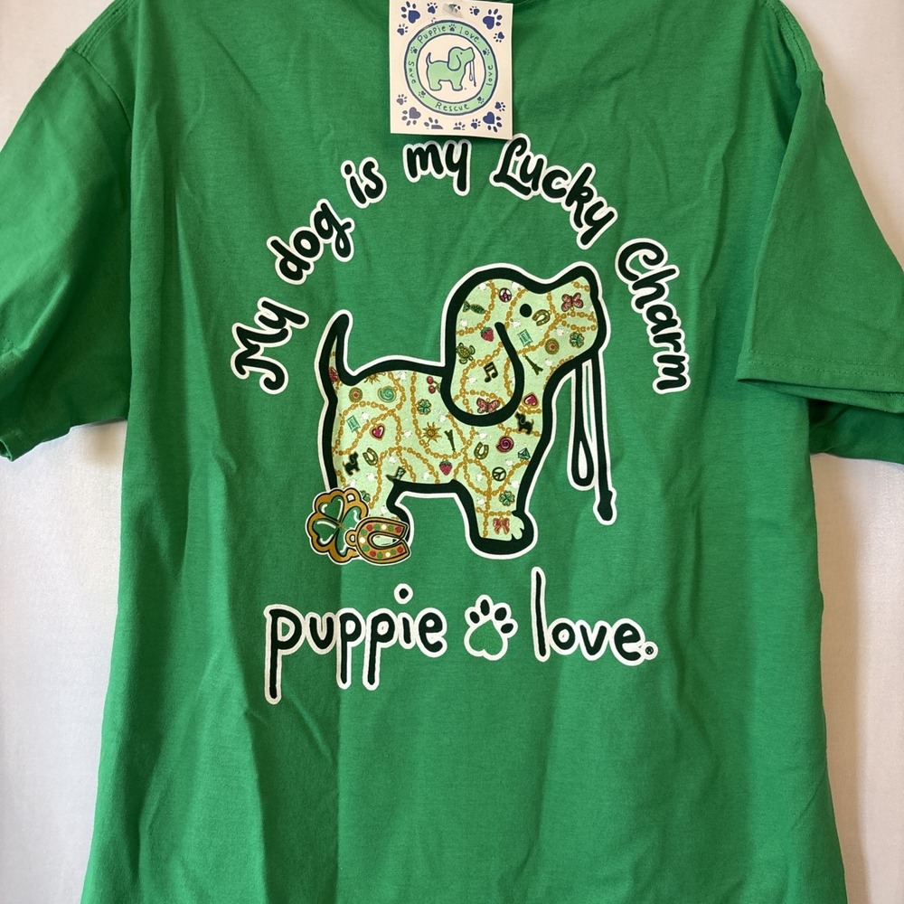 Puppie Love‎ Rescue Green Lucky Charm Puppy Simply style Graphic Tee M southern